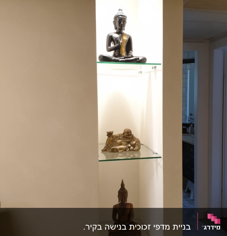 מדפי זכוכית עם פסלים בתצוגה מוארת